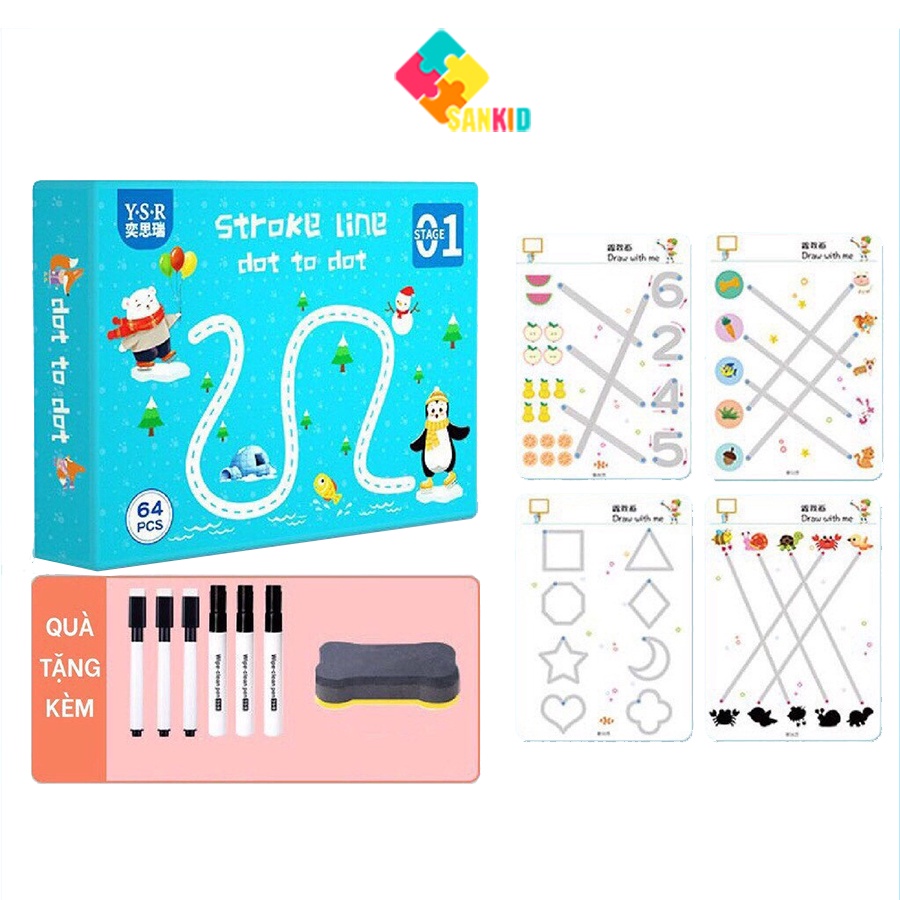 Bé tập tô vẽ thông minh xóa được 64 trang, đồ chơi giáo dục rèn luyện kỹ năng cầm bút, tập làm quen với các nét cơ bản