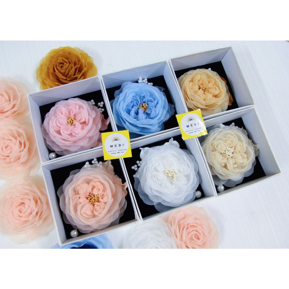 (ảnh thật 100%) Cài áo hoa hồng juliet handmade mix cành trai xoắn và lá gấm siêu sang (size 12)