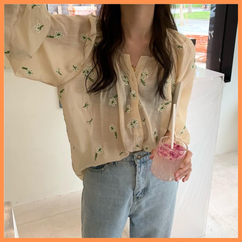 Áo babydoll dáng rộng thêu hoa tay bồng ẢNH THẬT chất đũi mềm min thoáng mát ULZZANG hàn quốc THỜI TRANG 1989