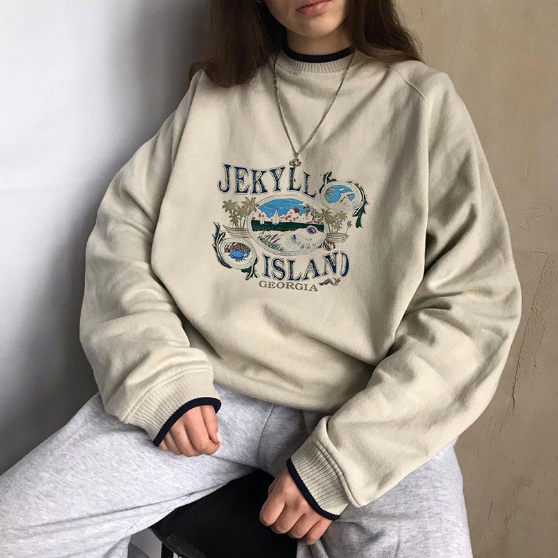 Áo Hoodie Kaki Tay Dài Dáng Rộng In Họa Tiết Kiểu Retro Mỹ Thời Trang Xuân Thu Cho Nữ