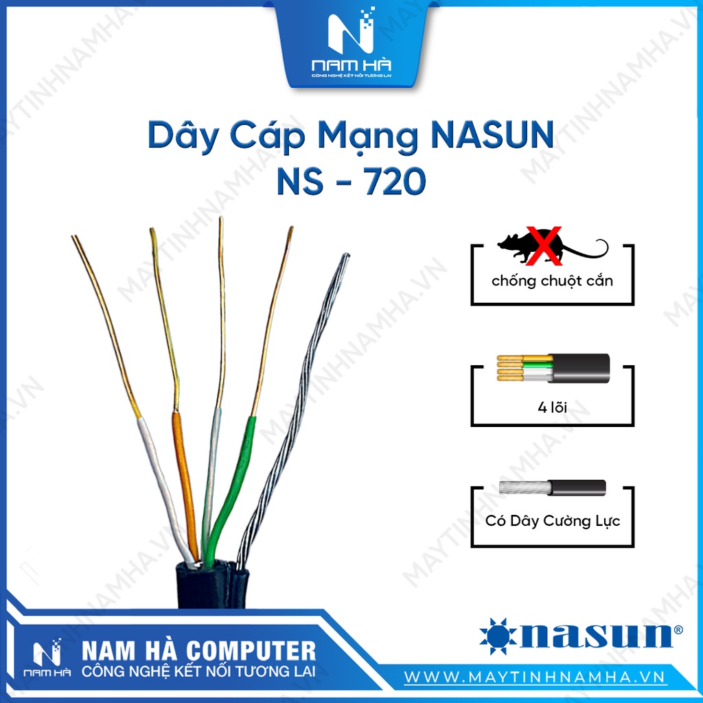 Dây Mạng Ngoài Trời Bấm Sẵn NASUN, 4 Lõi, Có Dây Cường Lực, Vỏ Chống Chuột, Tặng Dây Thít Nhựa, Bán Theo Mét