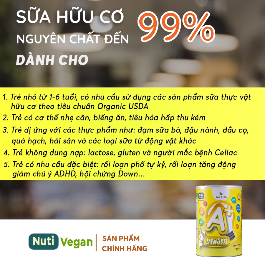 Sữa Hạt Miwako A+ Hộp 400g Vị Vani Nhập Khẩu Malaysia, Sữa Miwako Cải Thiện Ngôn Ngữ &amp; Hệ Tiêu Hóa Cho Bé - nutivegan