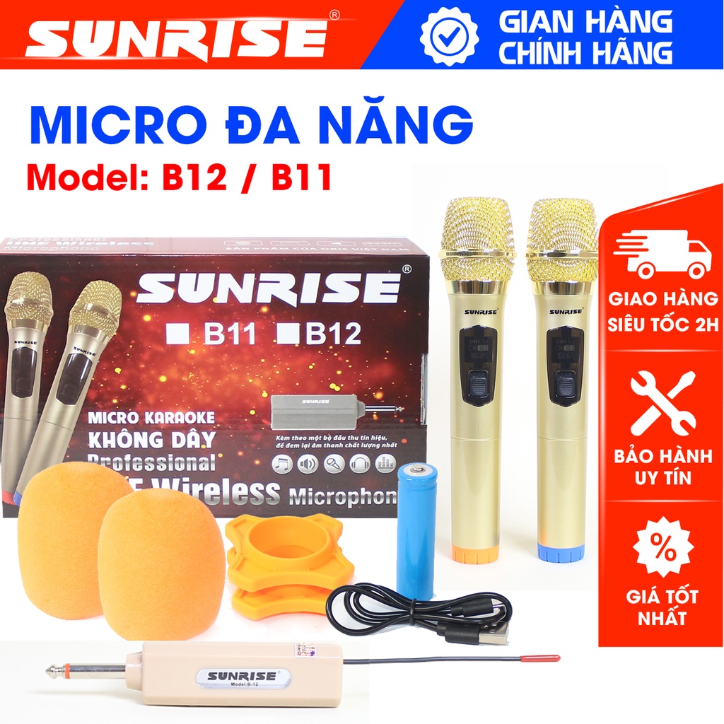 Micro không dây karaoke Sunrise B11/B12 chính hãng, mic đa năng sử dụng sóng UHF, chống hú, độ nhạy cao