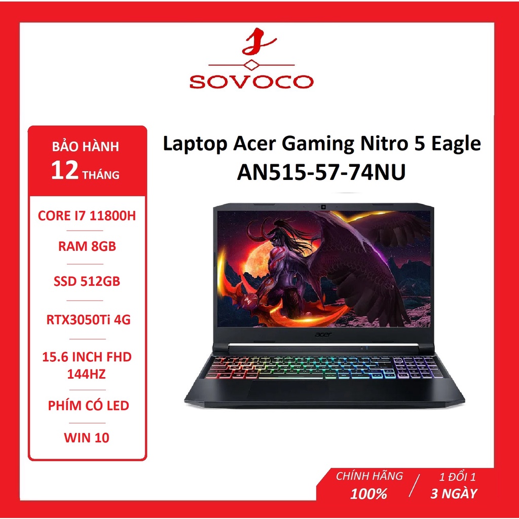 Laptop Acer Gaming Nitro 5 Eagle AN515-57-74NU (NH.QD9SV.001) (i7 11800H/8GB Ram/ 512GB SSD/RTX3050Ti 4G/15.6 inch FHD 1