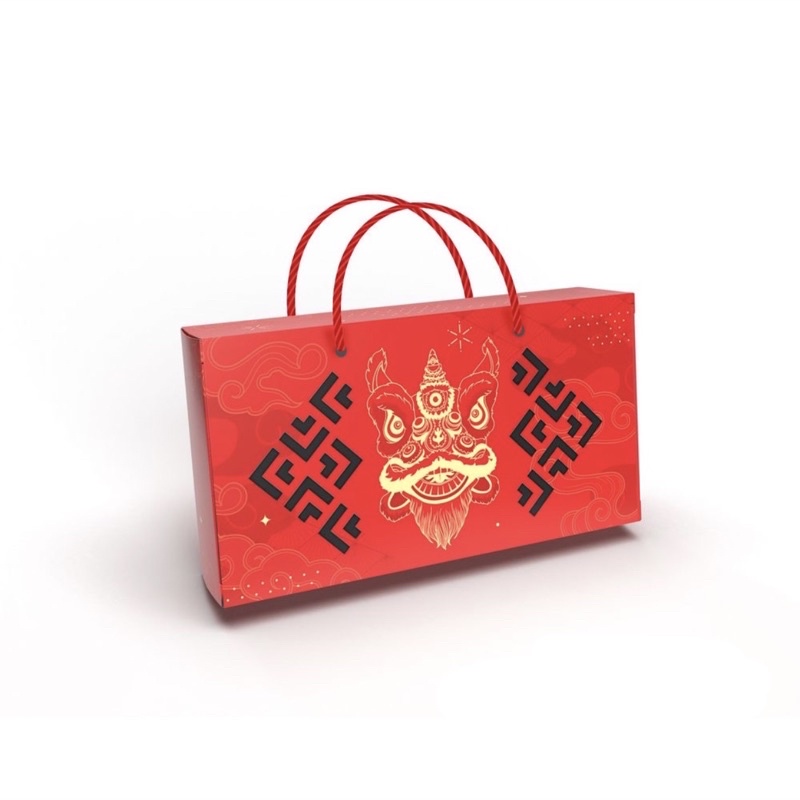 Hộp giấy 2 bánh trung thu 125-250g mẫu họa tiết Lân Đỏ-Cúc Vàng