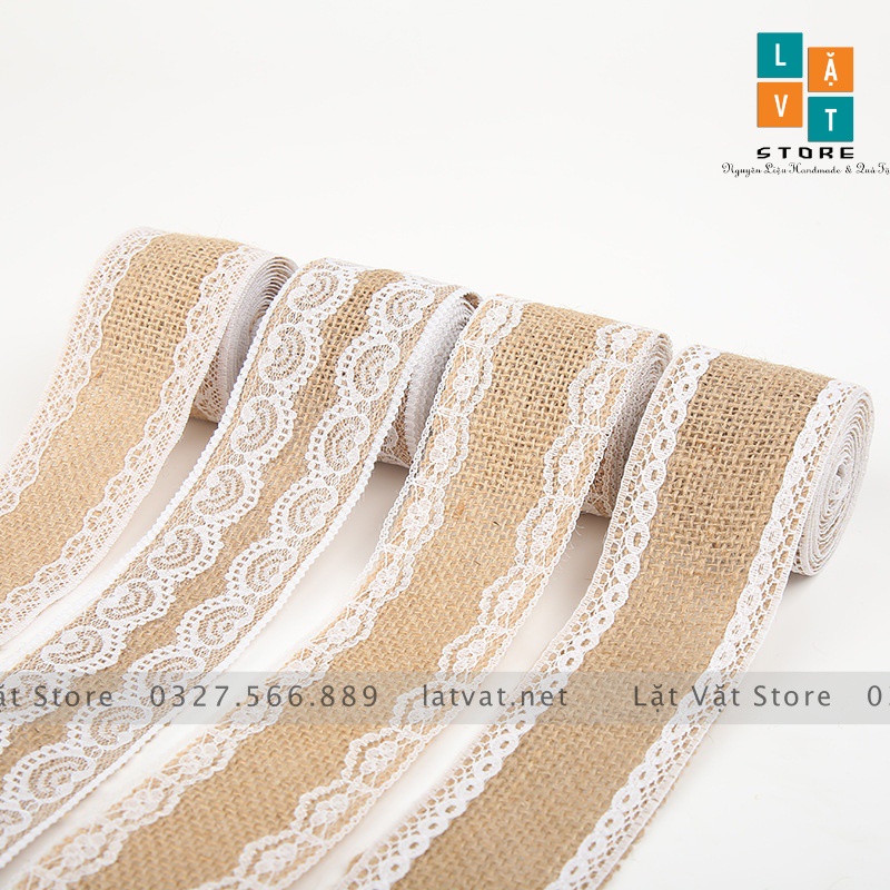 Ruy băng vải bố có ren trắng DIY trang trí, handmade, tiệc cưới, Giáng sinh làm từ sợi đay, ribbon Decor.