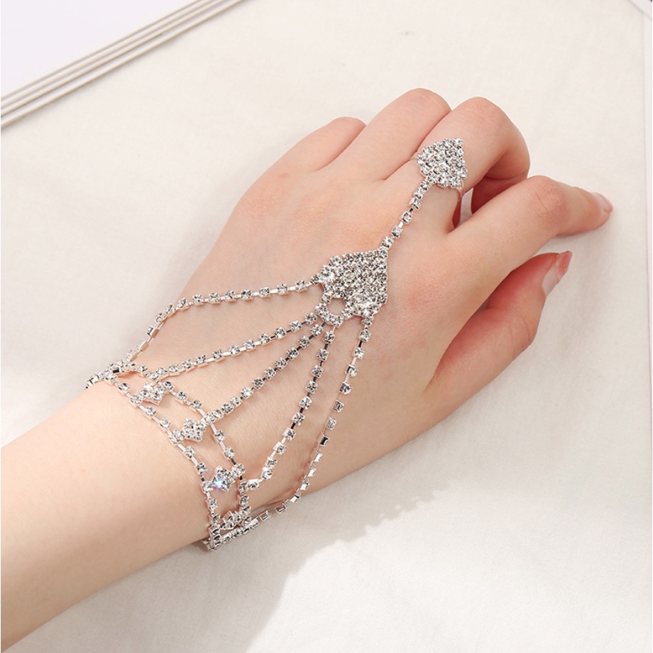 Lắc Tay Bạc Nữ Free Size Họa Tiết Pha Lê Chuỗi Liền Nhẫn Phù Hợp Dạ Tiệc Cô Dâu