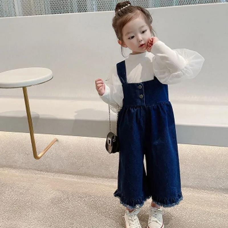 Quần Yếm Denim Ống Rộng Thời Trang Mùa Thu Cho Bé Gái