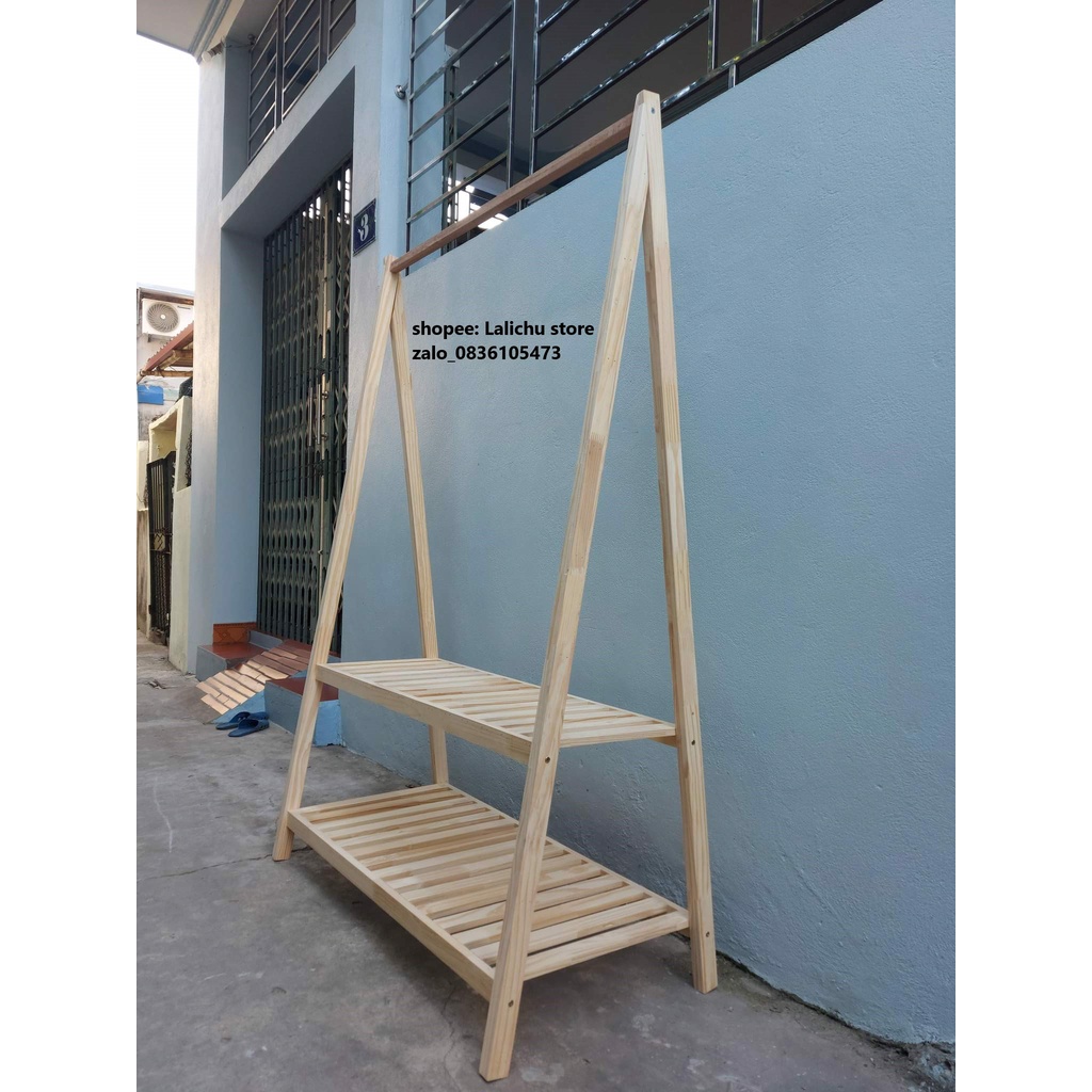 Kệ treo quần áo chữ A gỗ tự nhiên 2 tầng bằng gỗ sze lớn