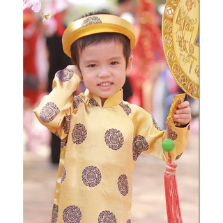 Bộ áo dài truyền thống gấm thái tuấn vàng đồng kèm khăn xếp