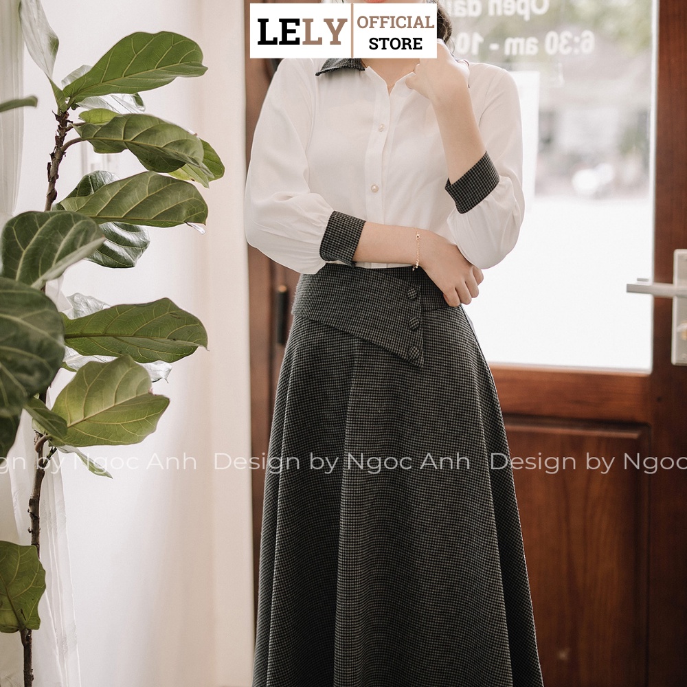 Chân Váy Công Sở Dáng Dài Chân Váy Xòe Nhẹ Trẻ Trung Lely Fashion caro vạt 3 cúc lệch CV027