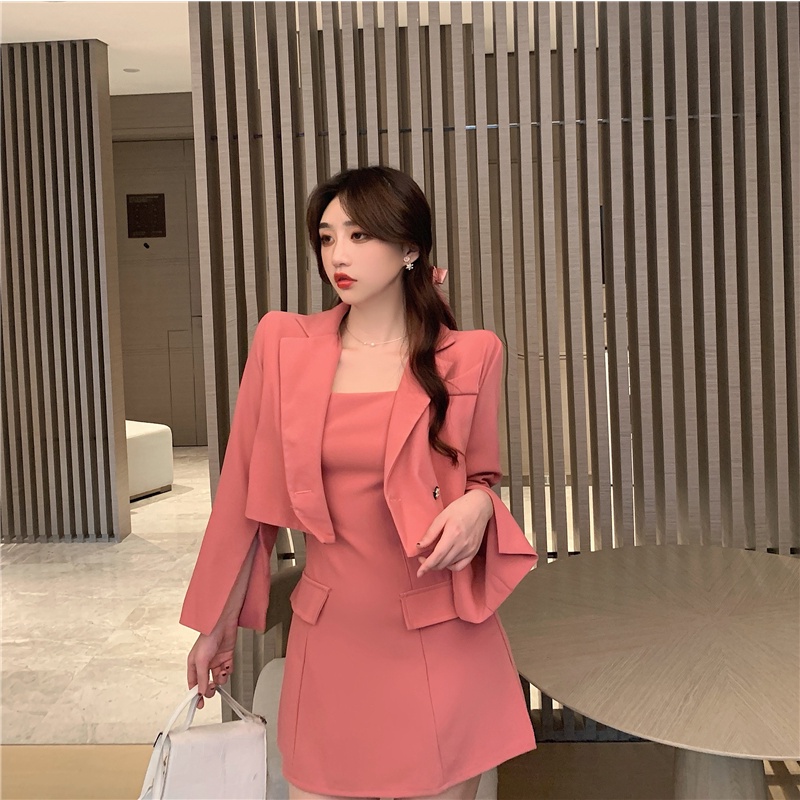 Set áo croptop vest + váy hai dây sang chảnh màu hồng và màu đen HS97 Hỉn Hỉn Store