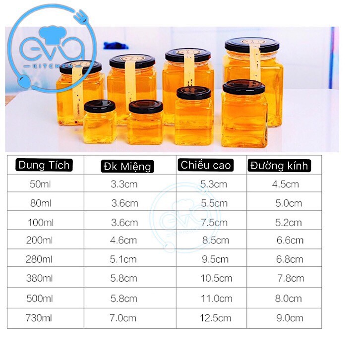 Bộ 6 Hũ Thủy Tinh Vuông Nắp Vặn Dung Tích 100 ML