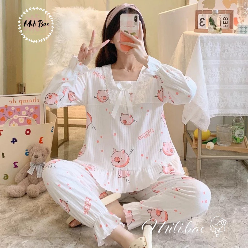 Đồ Ngủ Nữ Pijama Tiểu Thư Chất Cotton Hàn Hình Dễ Thương Bộ Mặc Nhà Dài Tay Thu Đông Hàng Quảng Châu Mili Bae (order) | BigBuy360 - bigbuy360.vn