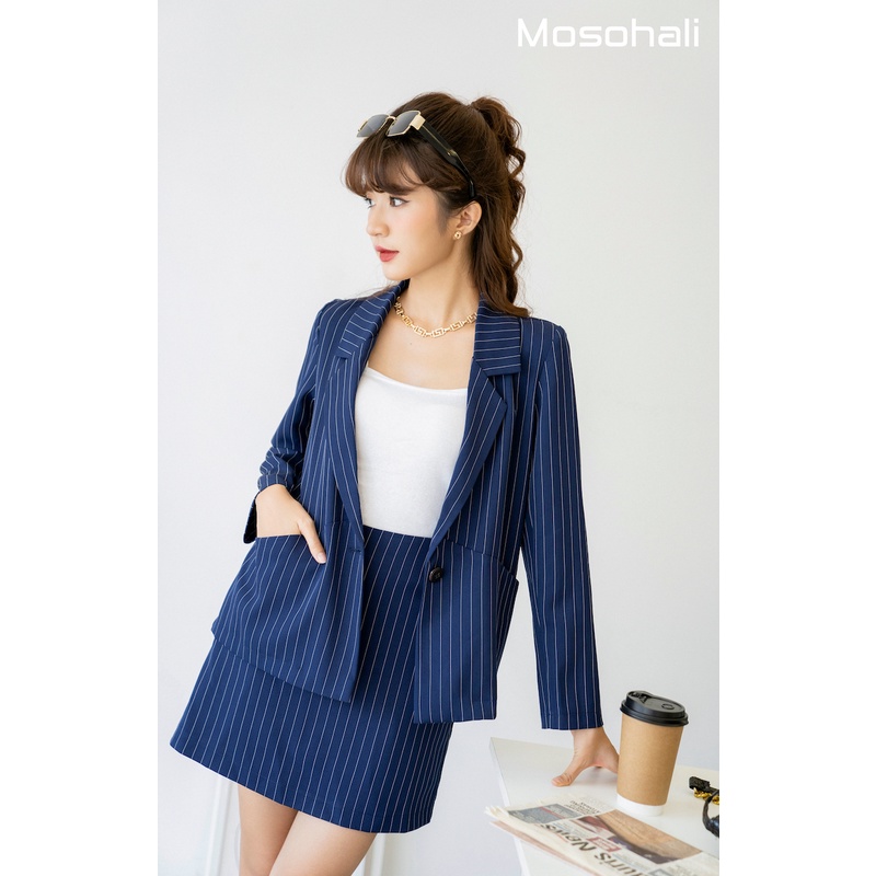 [HÀNG CÓ SẴN] Set vest blazer nữ thiết kế Kenzi áo vest + Chân váy kẻ xanh hàng thiết kế mosohali