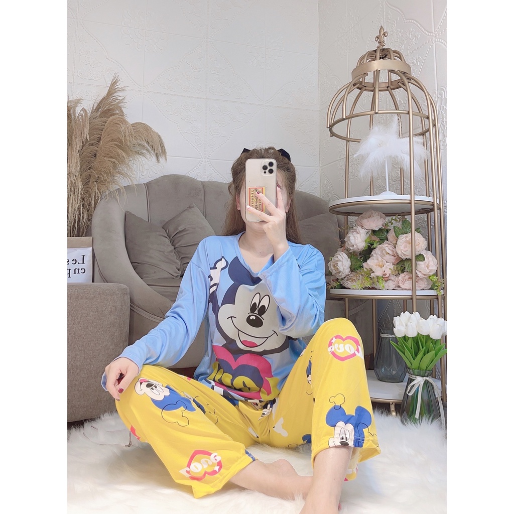 Đồ Bộ Thun Tay Dài Quảng Châu - Đồ Mặc Ở Nhà Họa Tiết Hoạt Hình Dễ Thương TQ003
