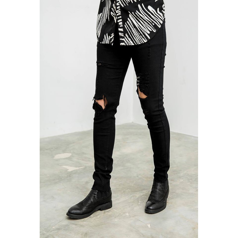 Quần Jeans Nam Đen Rách Gối kiểu Form Dáng Skinny Đứng Dáng Ôm Chân Đẹp, Co giãn Tốt ( siêu bụi bặm)