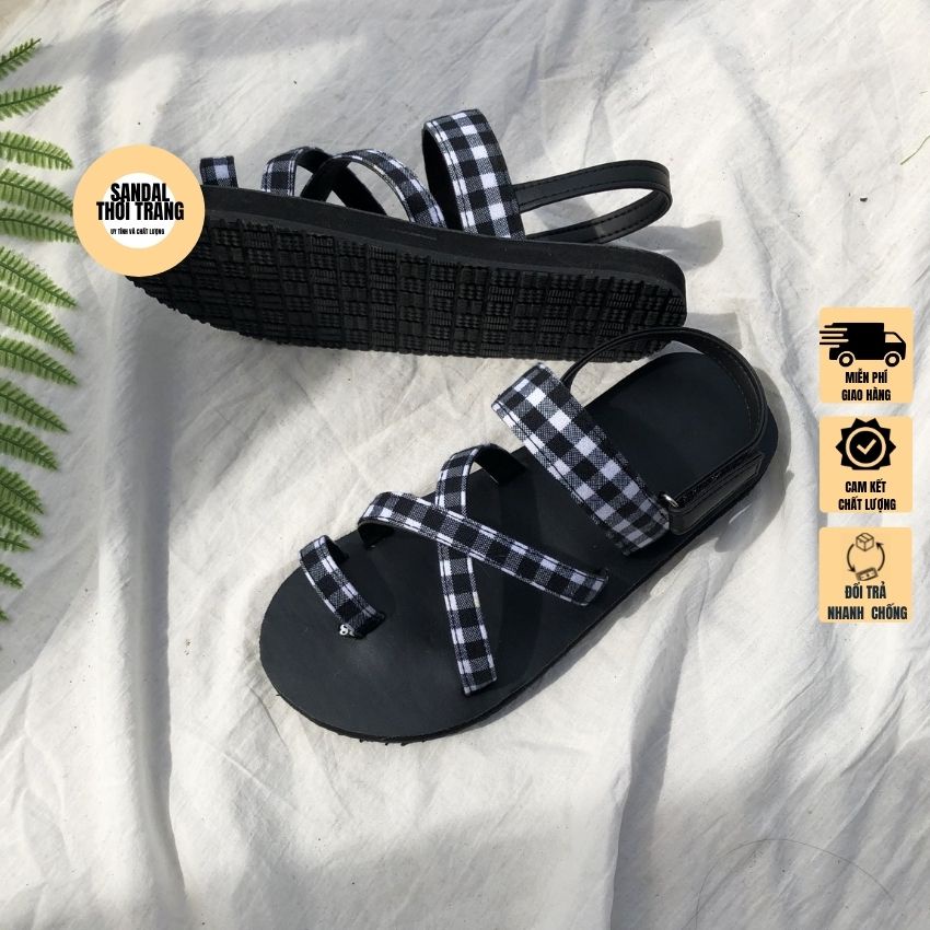 Giày sandal nữ xỏ ngón quai chéo đi học, đi chơi A121 Đen/Trắng Caro Full size 30-44 SANDALTHOITRANG
