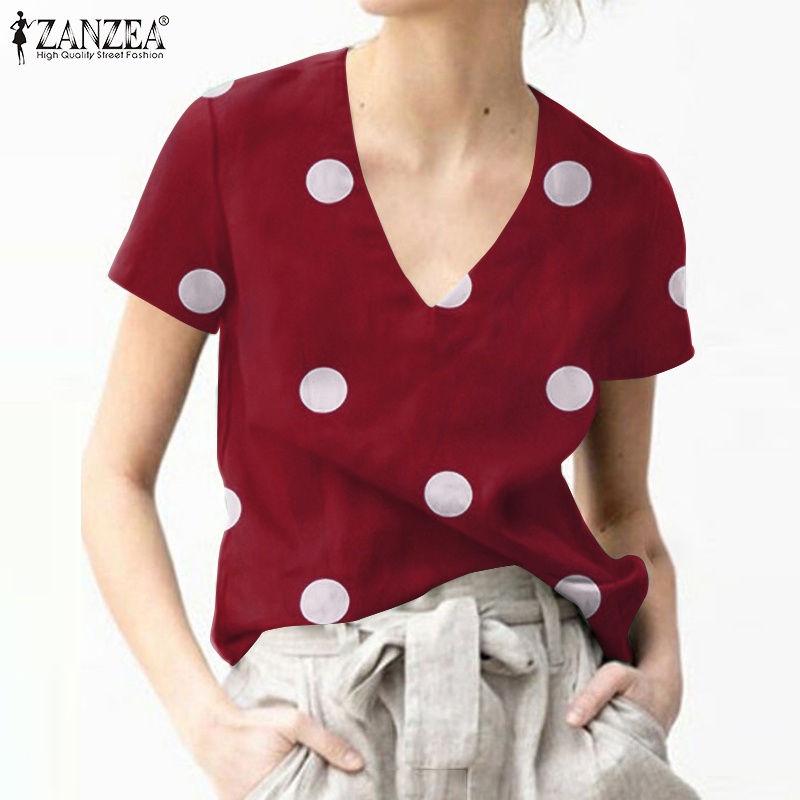 ZANZEA Áo Nữ Tay Ngắn Cổ Chữ V Họa Tiết Chấm Bi Thời Trang