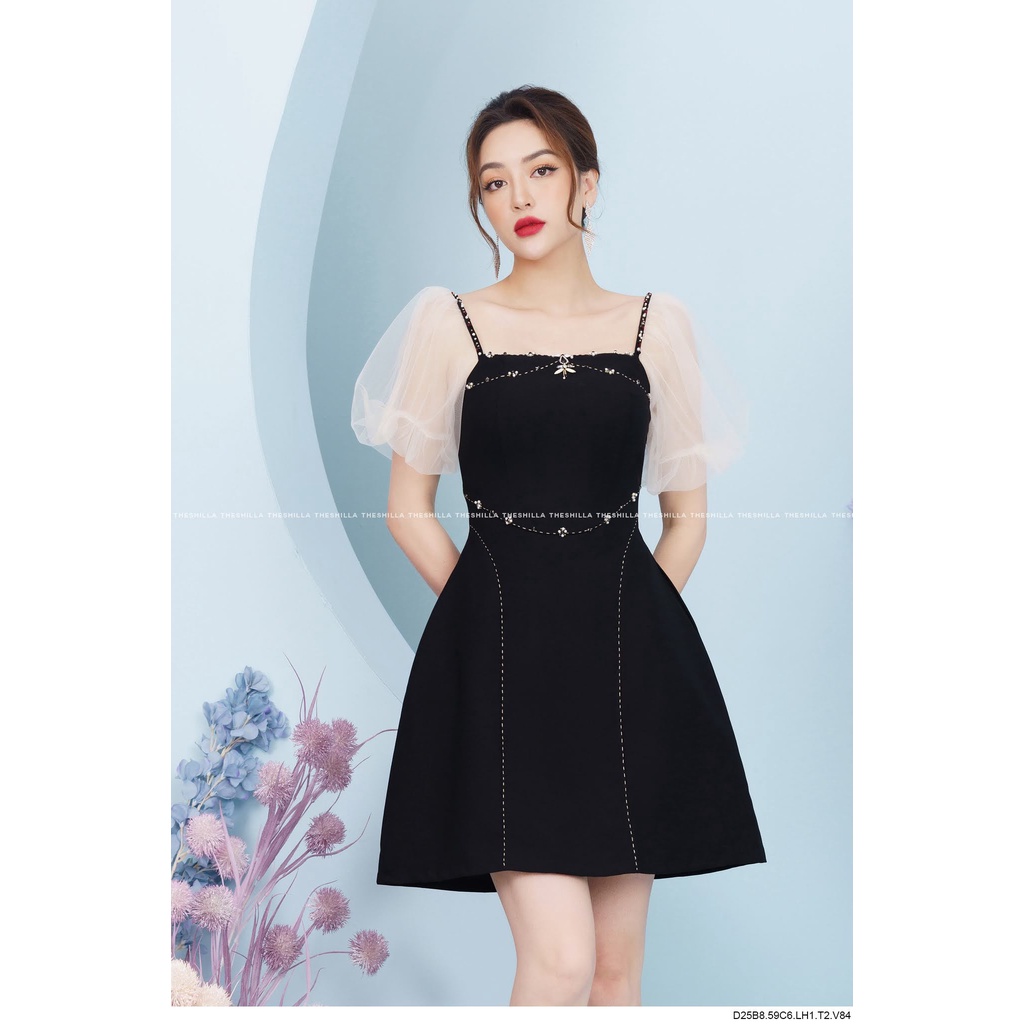 Váy đầm thiết đế kết hợp tay lưới đính đá thủ công cao cấp  The Shilla - D25B8-59C6