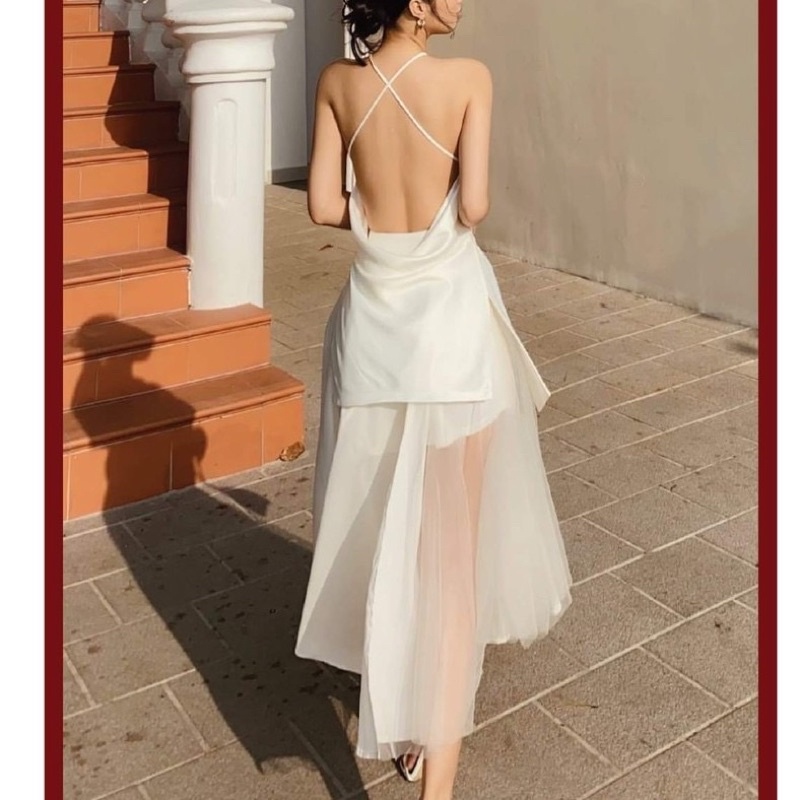 Set đầm lụa phối lưới cổ yếm thanh lý