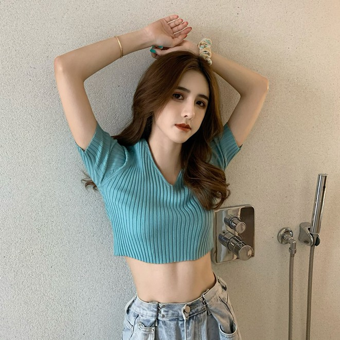 Xiaozhainv Áo thun tay ngắn cổ chữ V màu trơn ôm dáng sành điệu | BigBuy360 - bigbuy360.vn