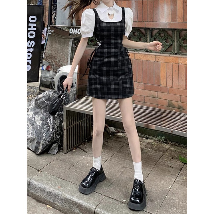 Set 2 món Áo Sơ Mi Mix Yếm Kẻ Sọc Phong Cách Ulzzang