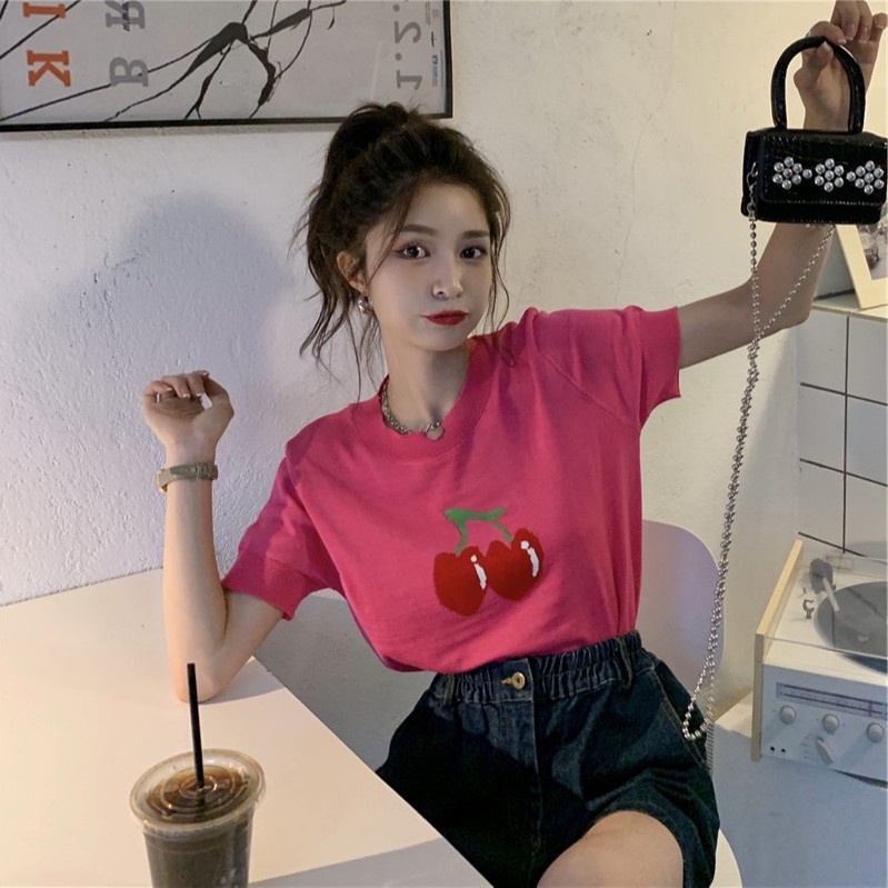 Áo thun ZHELIHANGFEI dệt kim lụa băng in họa tiết cherry phong cách đường phố ngọt ngào