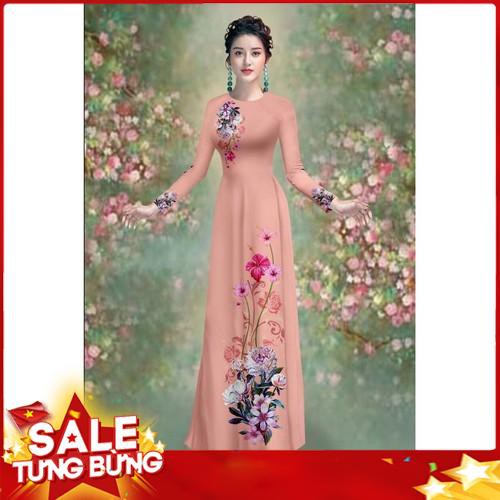 Bộ áo dài truyền thống Mai LAn in hoa CÚC BÁCH NHẬT cao cấp - y hình - siêu đẹp