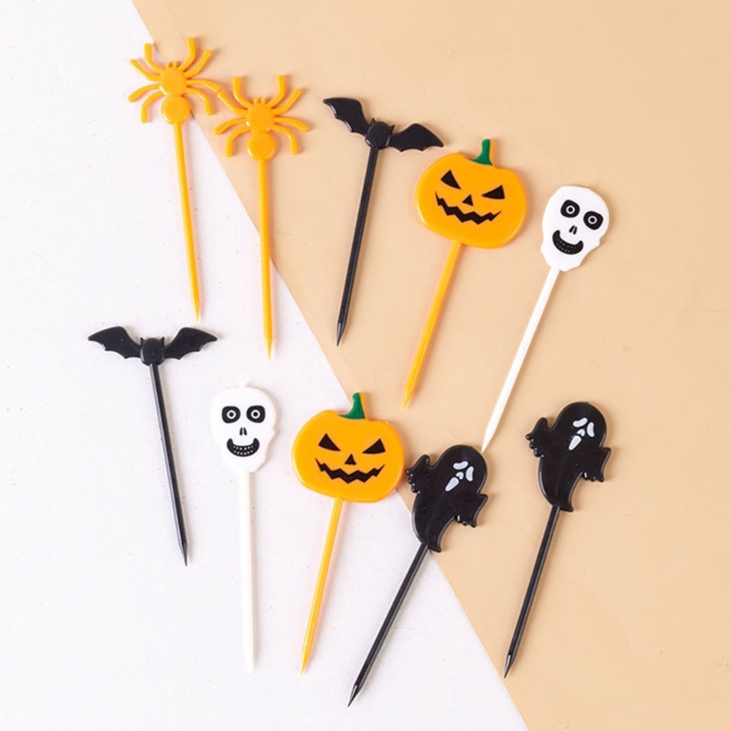 Set 10 Nĩa Ăn Tráng Miệng Bằng Nhựa Họa Tiết Hoạt Hình Phong Cách Halloween