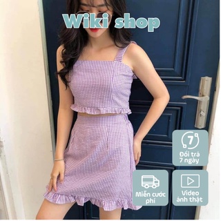 Set chân váy kẻ caro + áo hai dây sẵn kho 3 màu SS33