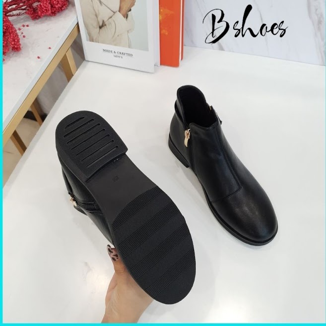 Giày boot nữ da mềm 2021 B SHOES, boot thấp cổ lót nỉ khóa kéo, mũi tròn, kiểu dáng hiện đại trẻ trung B19