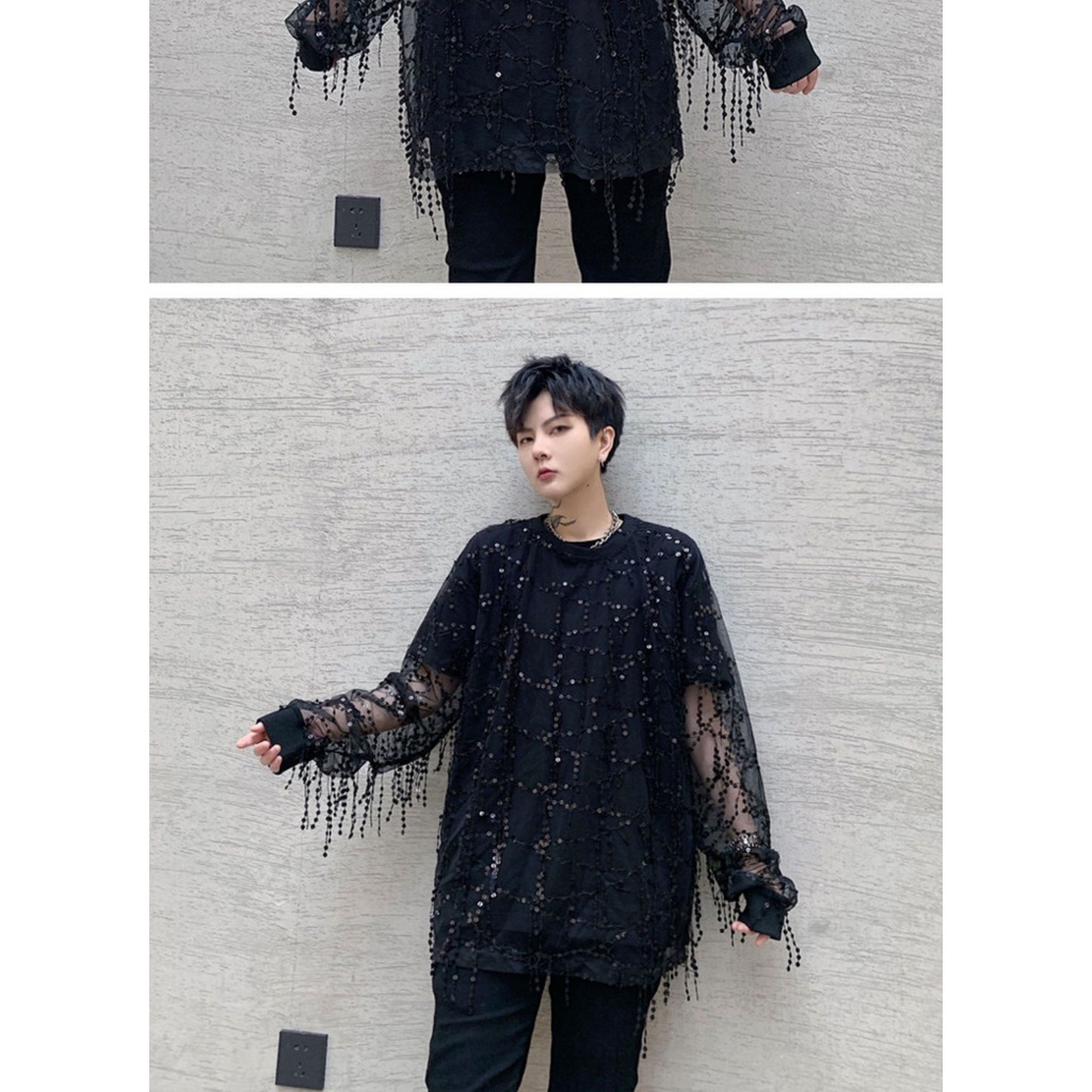 Áo Thun Nam Tay Dài Phối Lưới Mỏng Đính Kim Sa Nhìn Xuyên Thấu Phong Cách Đường Phố