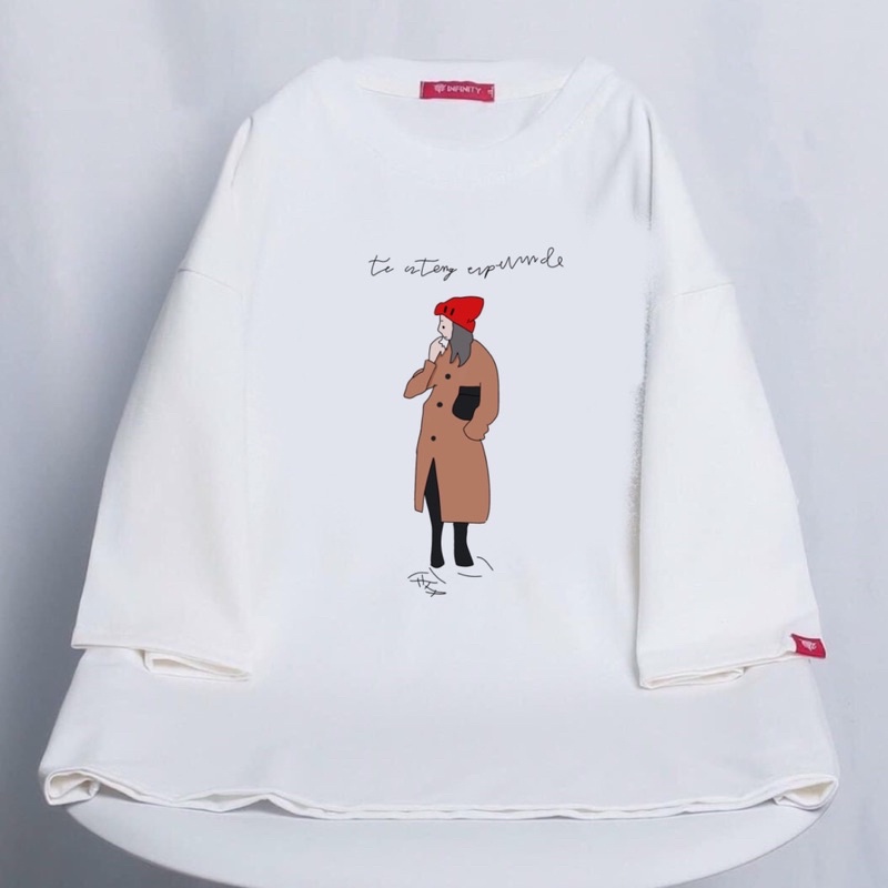 [Giá Huỷ Diệt] Áo cotton tay lỡ dáng rộng unisex cô gái đội mũ đỏ