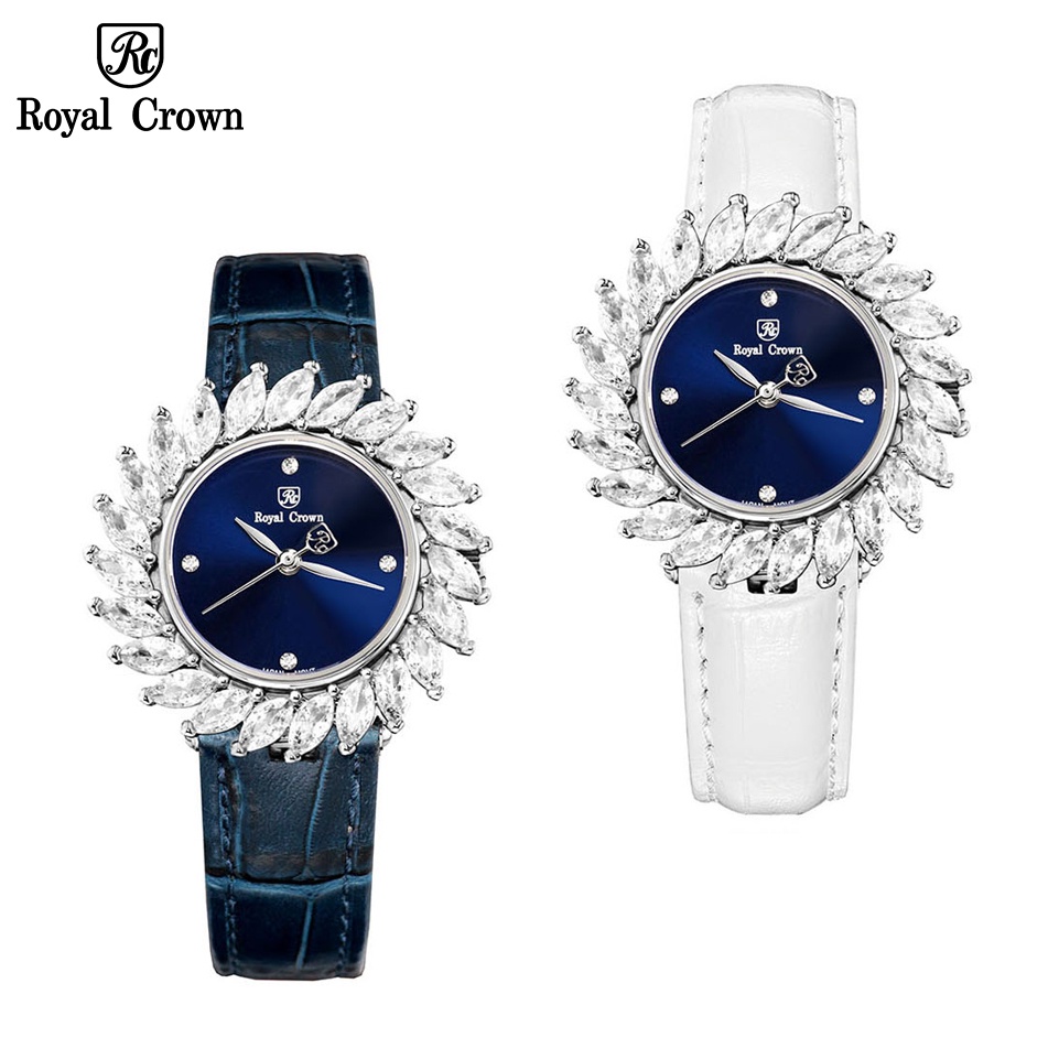 Đồng Hồ Nữ Chính Hãng Royal Crown 4652 Dây Da Đá Xếp Khối So Le Độc Đáo