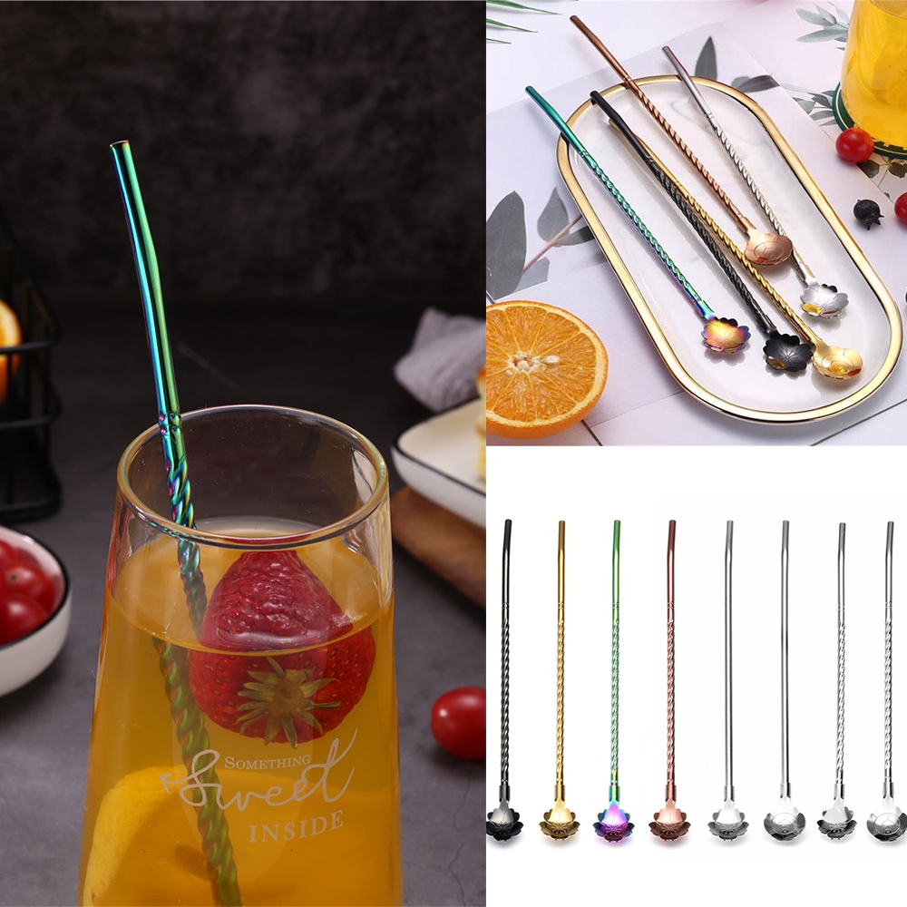 LY Tea Scoop Party Stainless Steel Bent Filter Reusable Straws Spoon