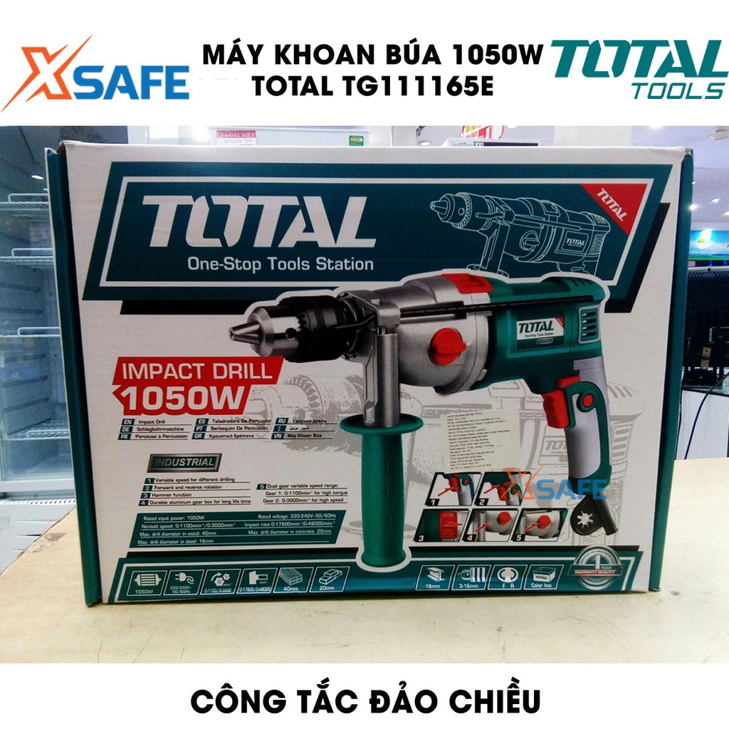 Máy khoan búa cầm tay TOTAL TG111165E công suất 1050w, tốc độ 3000 rpm, khả năng khoan 16mm, đầu khoan bằng nhôm 3-16mm