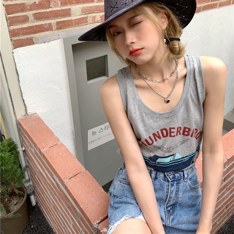 Jiashucheng Áo Thun Sát Nách Dáng Rộng In Chữ Thời Trang Mùa Hè Phong Cách Âu Mỹ Cho Nữ