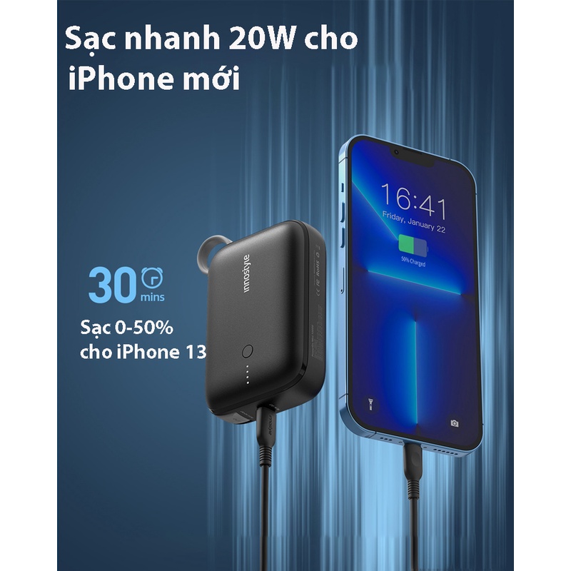Sạc dự phòng INNOSTYLE Powergo Mini 10.000mAh 22.5W tích hợp cáp USB-C - IP22PDBLK