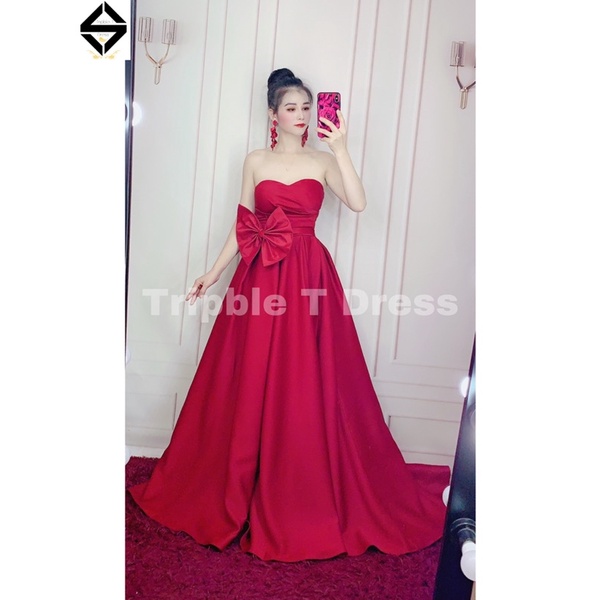 Đầm maxi cúp mặc cưới đi bàn TRIPBLE T DRESS xếp ly nơ eo - size S/M/L - MS193Y