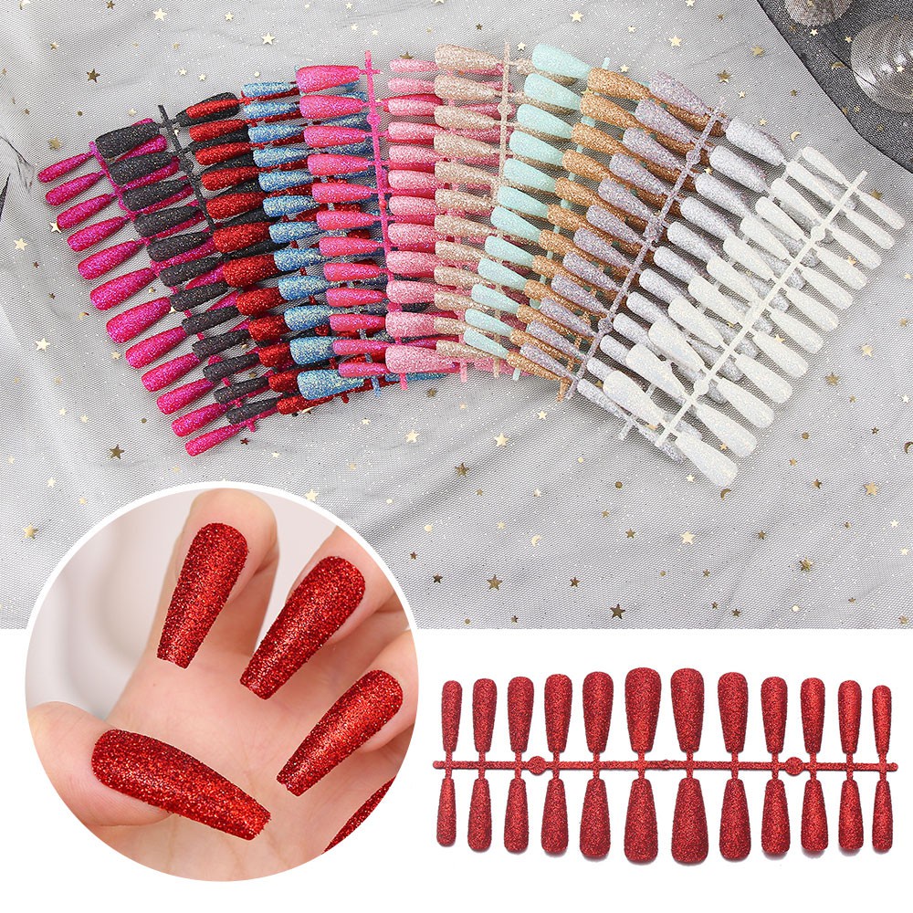 Hộp 24 Móng Tay Giả Dài Đính Kim Tuyến Thời Trang Cho Nữ