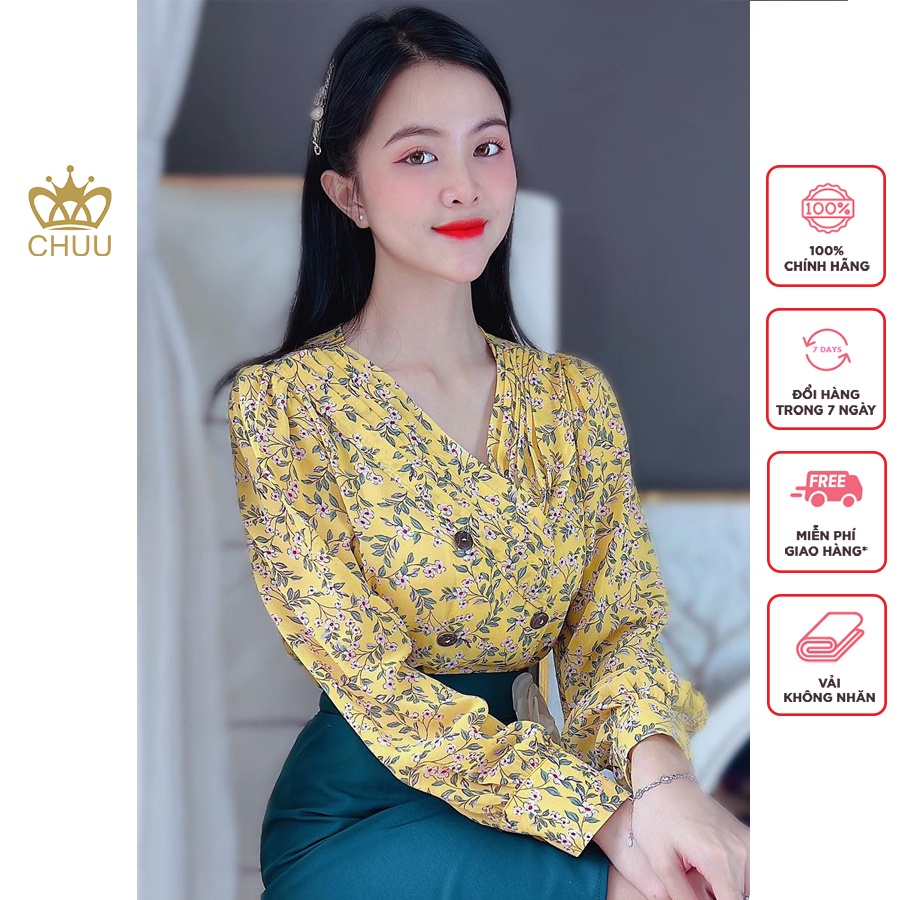Áo sơ mi hoa công sở nữ cổ xếp li đính nút sang trọng CHUU A8136