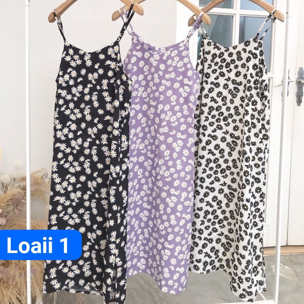 VÁY HOA CÚC 2 DÂY TRẮNG TÍM ĐEN SUÔNG DÀI DAISY - ĐẦM MAXI HAI DÂY XẺ TÀ HOA NHÍ NỮ