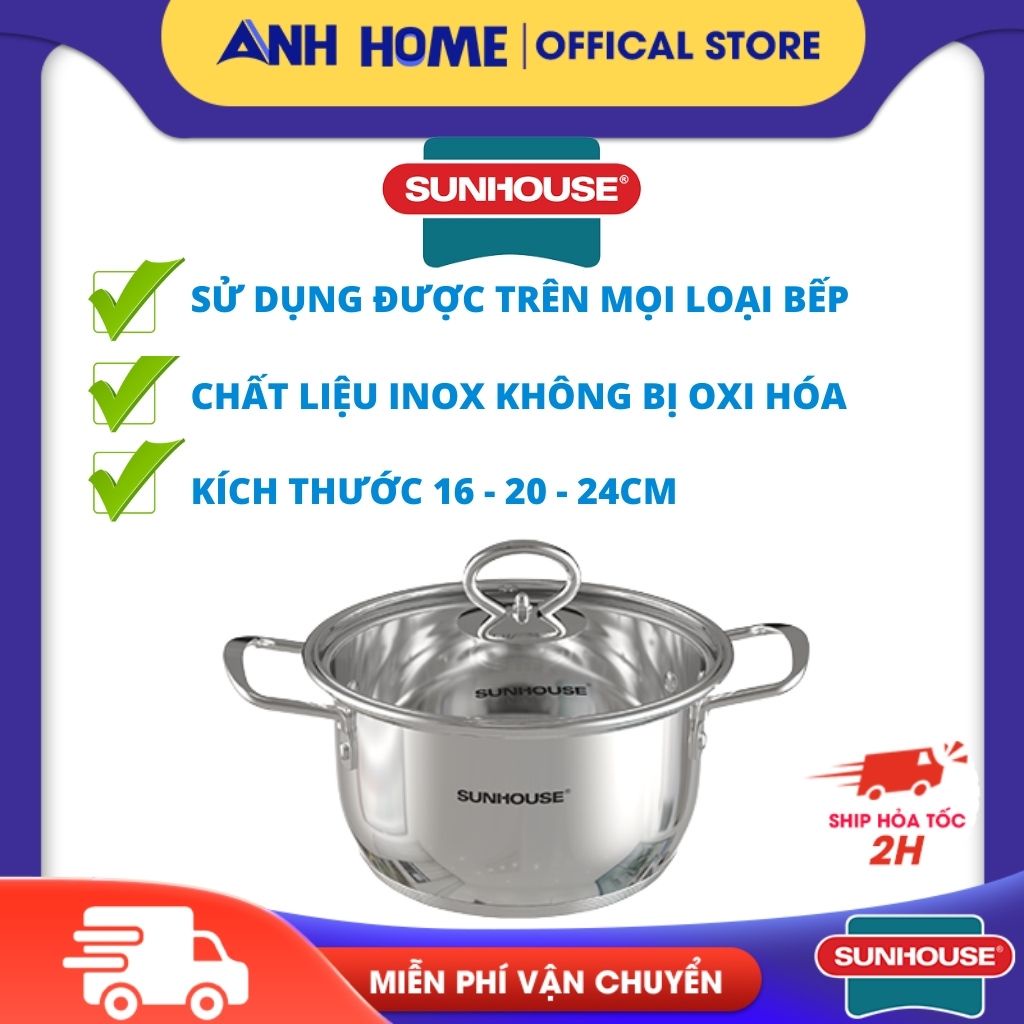 ( HCM - SHIP 2H ) Lẻ nồi inox bếp từ 5 đáy SHG788-16 SHG788-20 SHG788-24 SUNHOUSE bề mặt bên ngoài sáng bóng bền đẹp