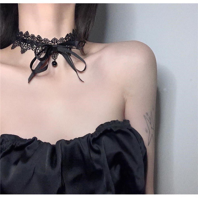 vòng cổ choker ren phối vải gân thiết kế nơ  mã Da-001