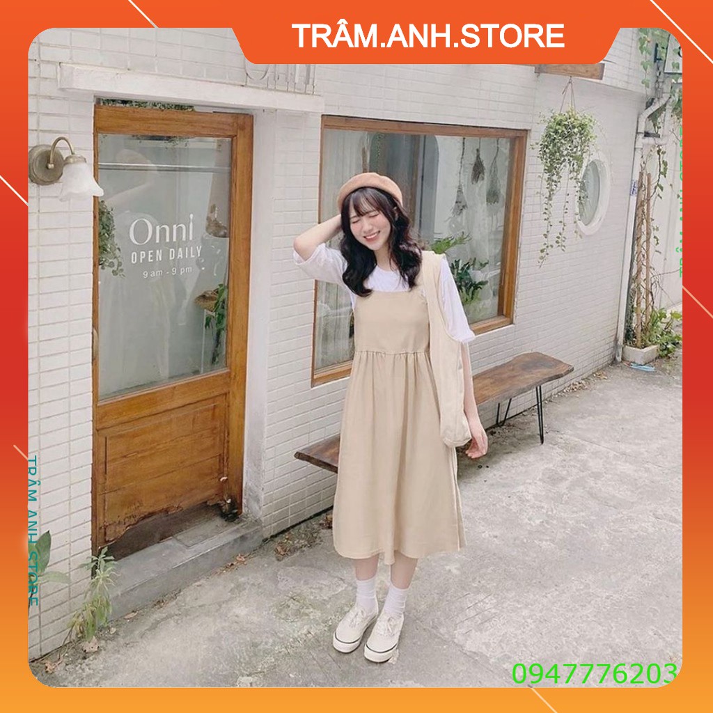 (mới) SET VÁY YẾM KAKI BE + ÁO THUN TRẮNG - BỘ ĐẦM 2 DÂY BẢN TO MÀU BE DÁNG DÀI ULZZANG 👗 👑