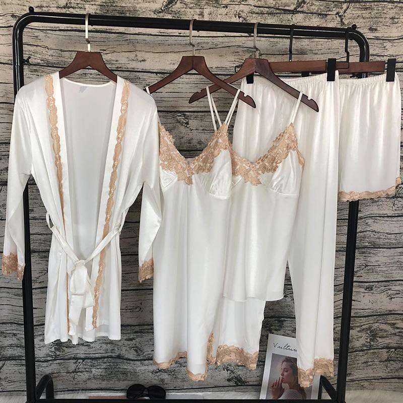 ▨Ice Silk Pyjamas Five- mảnh Bộ Victoria s Secret Nữ váy ngủ sexy mùa hè với đệm ngực dịch vụ tại nhà có thể mặc n