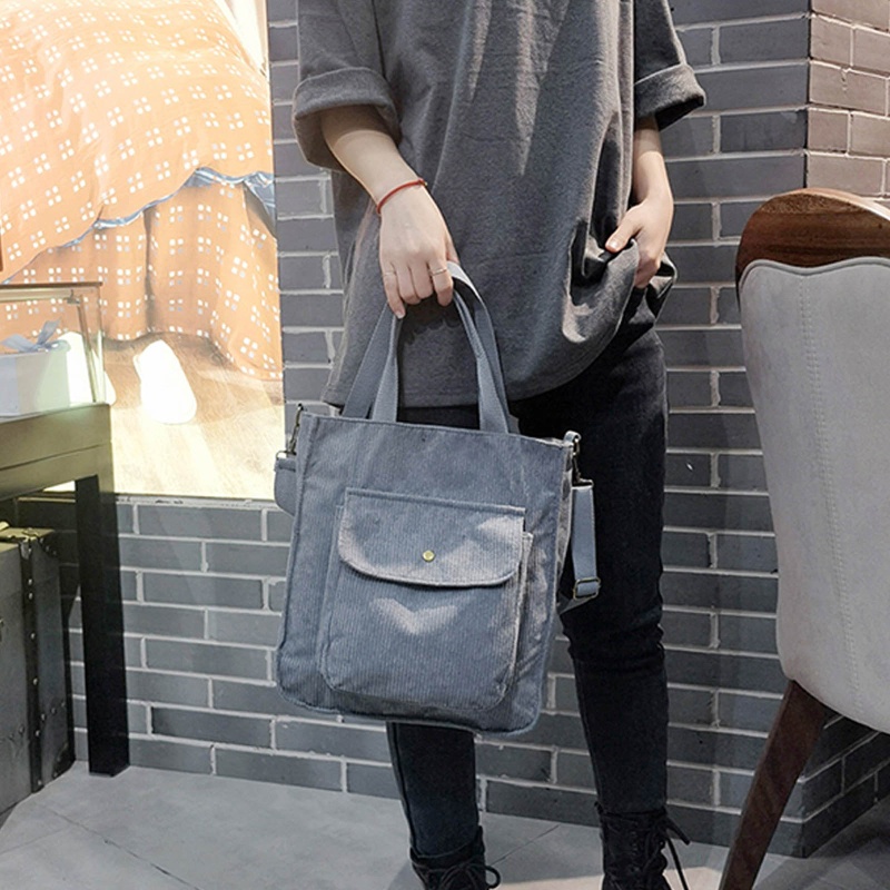 Túi Tote Đeo Vai / Xách Tay Bằng Vải Nhung Kẻ Tay Cầm Mềm Mại Trọng Lượng Nhẹ Phong Cách Cổ Điển Đơn Giản