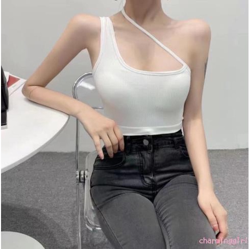 Áo kiểu phối dây chéo màu trơn hình chữ U không đường may cho nữ