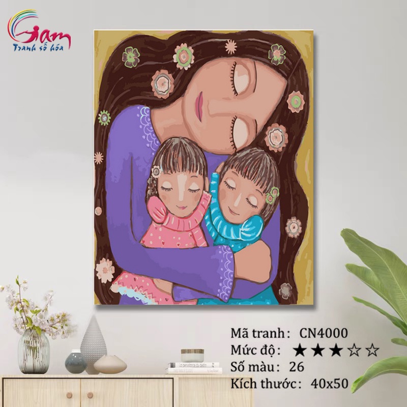Tranh số hóa gia đình mẹ ôm con GAM tự tô màu trang trí kèm khung căng sẵn 40x50cm CN4000